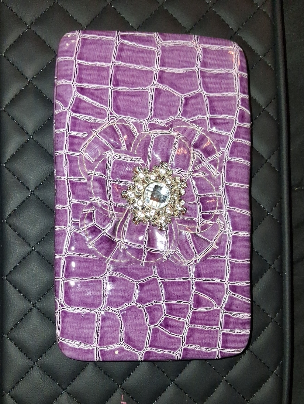 Purple Croc-Embossed Floral Accent Wallet Clutch
